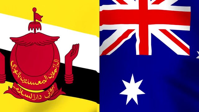Waving flags of Brunei and Australia side by side representing international partnership and diplomatic relations between the two countries