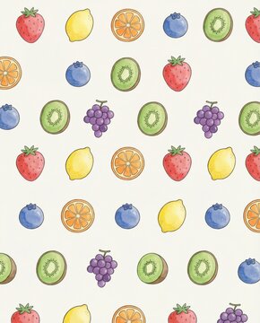 Hand painted fruit pattern with strawberry, lemon, orange, blueberry, kiwi, and grape. Seamless food background for packaging, textile, kitchen decor, and summer design.