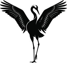 Naklejka premium Black silhouette of a crane with wings spread wide in a courtship display bird white