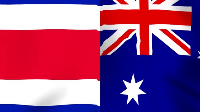 Waving flags of Costa Rica and Australia combined side by side representing international cooperation and diplomatic partnership