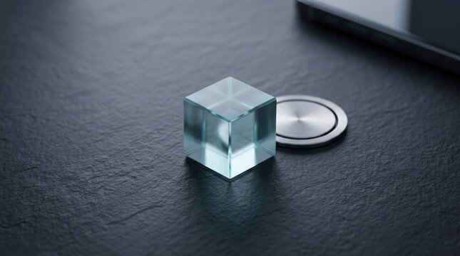 A single transparent glass cube resting on a dark textured surface next to a metallic circular object