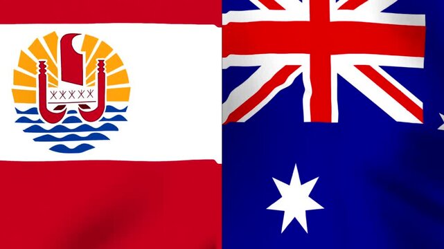 Waving flags of French Polynesia and Australia side by side in a conceptual international diplomatic partnership background