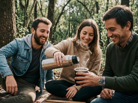 Three friends smiling while drinking mate in a sun-dappled forest