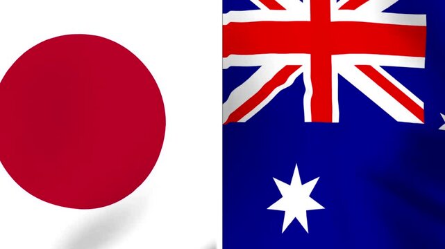 Waving flags of Japan and Australia side by side in a conceptual international relations representation