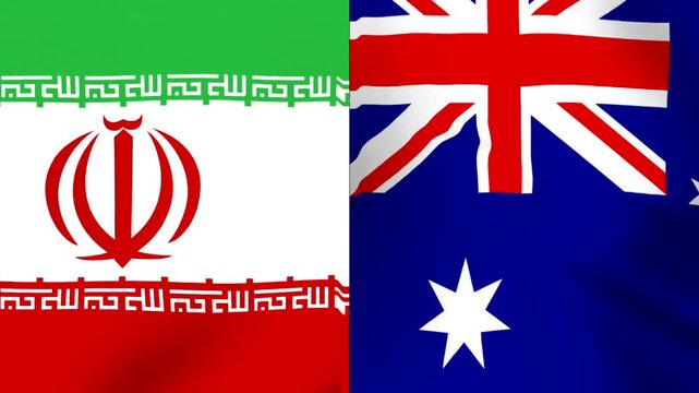 Waving flags of Iran and Australia placed side by side representing international cooperation and diplomacy between the two nations
