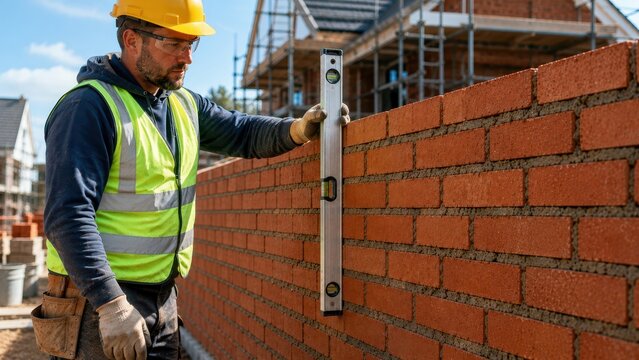 Construction worker using spirit level to check brick wall alignment during masonry work on residential building site.