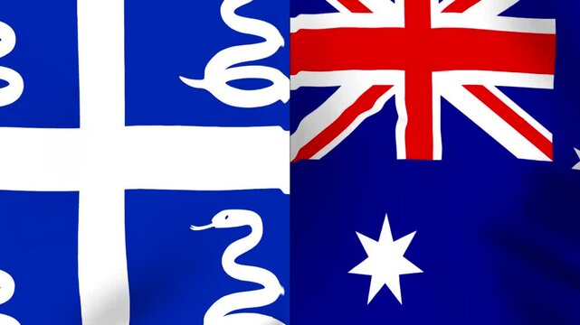 Waving flags of Martinique and Australia side by side representing international friendship and diplomatic relations between these two distinct territories