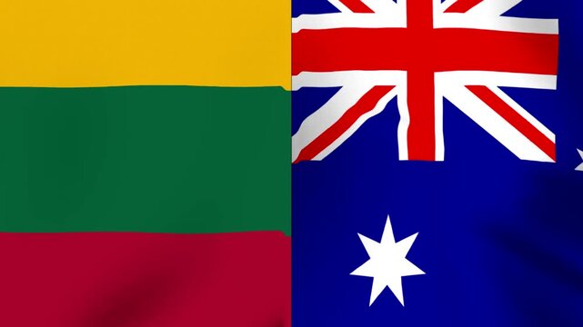 Waving flags of Lithuania and Australia side by side in a conceptual international relations partnership