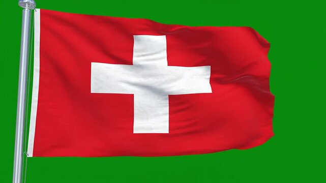Waving flag of switzerland on a green screen background
