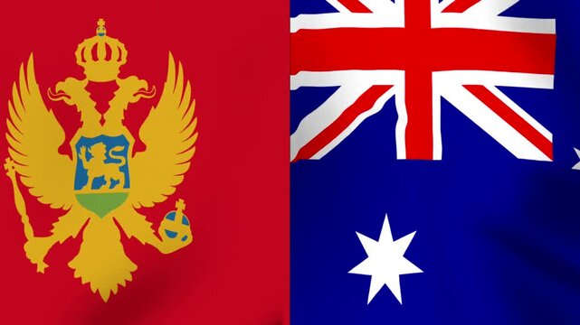 Waving flags of Montenegro and Australia side by side representing international friendship and diplomatic relations between both countries