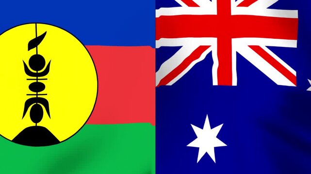 Waving flags of New Caledonia and Australia combined in a single graphic design composition