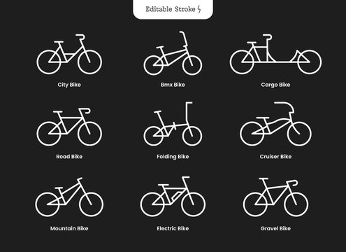 Minimal Bicycle Types Icons Set &ndash; City, Road, Mountain, BMX, Cargo, Folding, Cruiser, Electric and Gravel Bikes