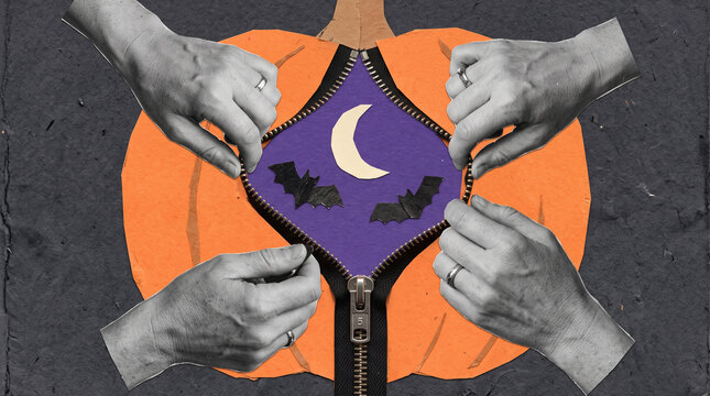 Halloween mixed media collage with grayscale hands unzipping purple paper moon and bats over orange pumpkin