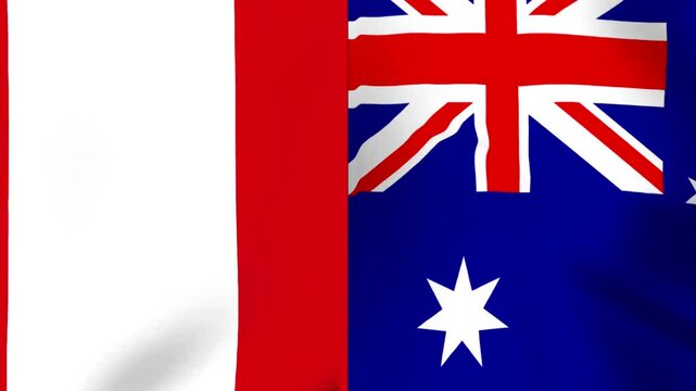 Waving flags of Peru and Australia representing international diplomatic relations cooperation
