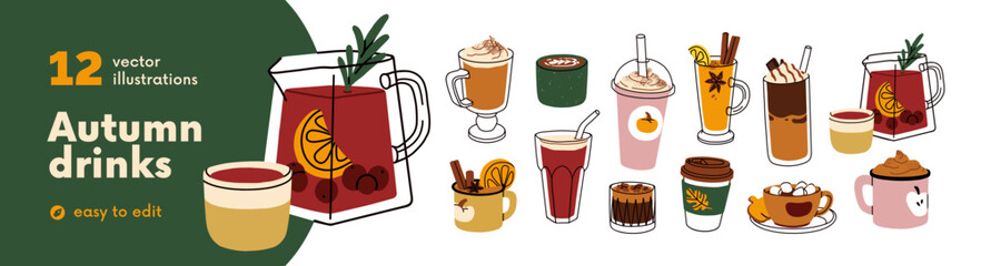 Plakat Autumn seasonal drinks set. Hot fall beverages. Pumpkin spiced latte, fruit tea, coffee, cocoa with marshmallow. Cafe cups, mugs, glasses. Flat vector illustrations isolated on white background