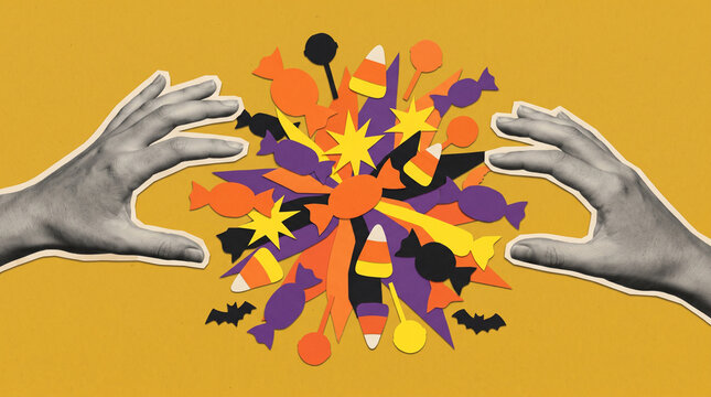 Halloween mixed media collage with grayscale hands surrounding colorful paper cut candy and bats in playful retro composition