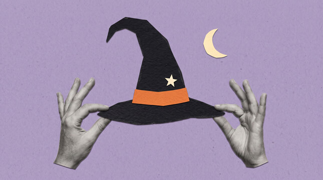 Halloween collage with grayscale hands holding a black witch hat with orange band and star beneath a crescent moon