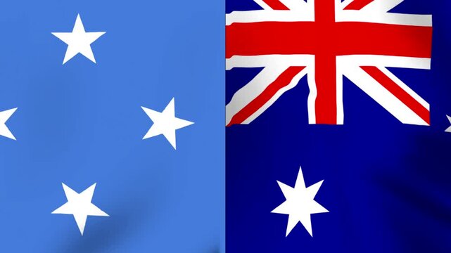 Waving flags of the Federated States of Micronesia and Australia side by side in a conceptual international relations design