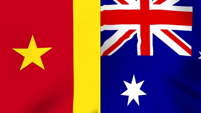 Waving flags of Vietnam and Australia placed side by side representing international diplomatic relations and cooperation between the two nations