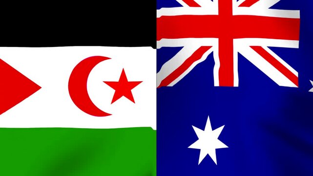 Waving flags of Western Sahara and Australia side by side in a conceptual diplomatic political or international relations composition