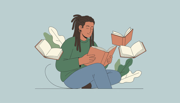 Avid reader with dreadlocks sitting on the floor and immersed in a book with flying books around him.