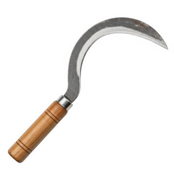 Handheld sickle with wooden handle and curved metal blade
