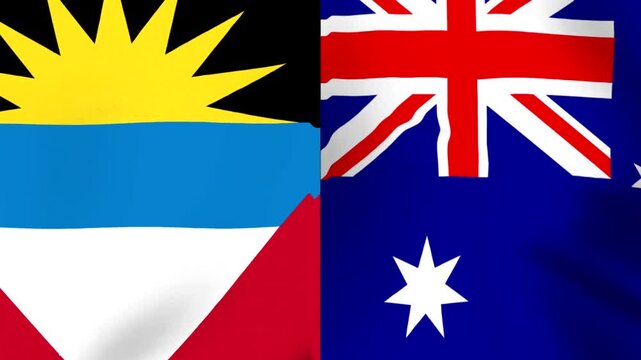 Waving national flags of Antigua and Barbuda and Australia side by side in a conceptual international relations and diplomacy design