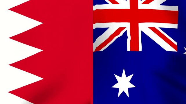 Waving national flags of Bahrain and Australia combined as a symbol of diplomatic relations and international cooperation between nations