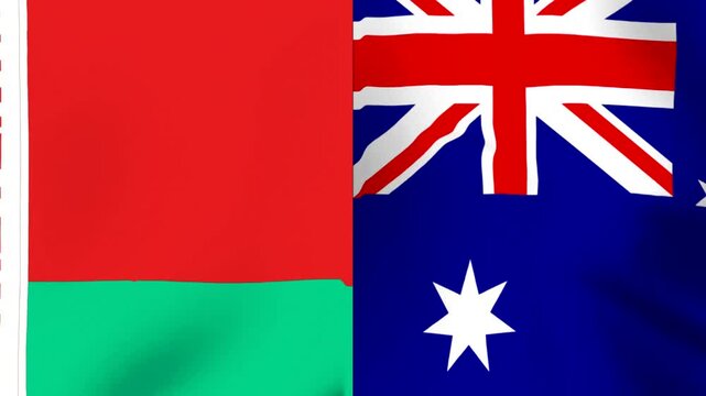 Waving national flags of Belarus and Australia side by side in a conceptual alliance