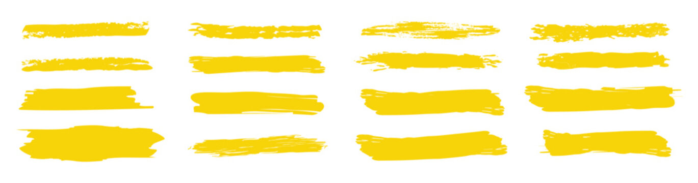 Marker highlight text line set. Hand drawn marker highlight text line yellow stroke brush pen underline. Paper banner frame watercolor sharpie memo background. Vector illustration