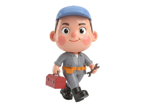 Cartoon mechanic character walking with toolbox and wrench on white background