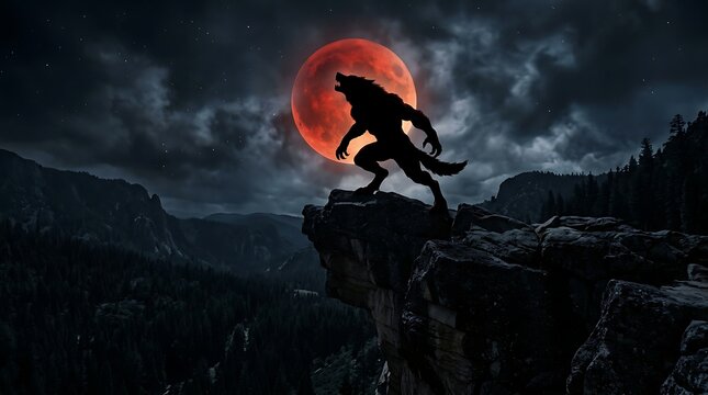 Werewolf silhouette howling at a full red moon on a dark mountain cliff at night.
