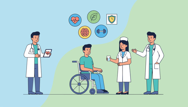 Patient in a wheelchair receiving professional medical care and support from a team of doctors and a nurse in a hospital setting.