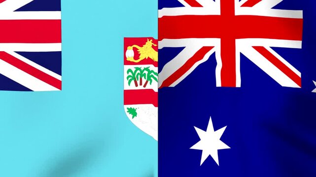 Waving national flags of Fiji and Australia side by side in a conceptual diplomatic or international relationship banner design
