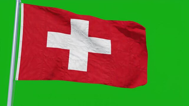 Swiss flag waving on a flagpole against a green screen background