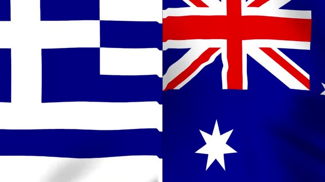 Waving national flags of Greece and Australia side by side representing international friendship and diplomatic relations between the two countries