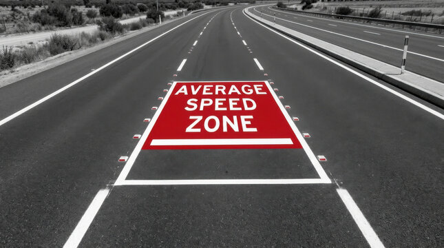 Average Speed Zone Clearly Marked On Asphalt Highway For Traffic Control