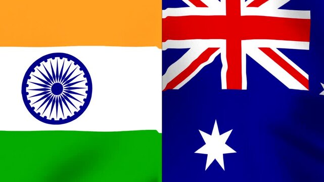 Waving national flags of India and Australia side by side representing international cooperation and diplomatic relations