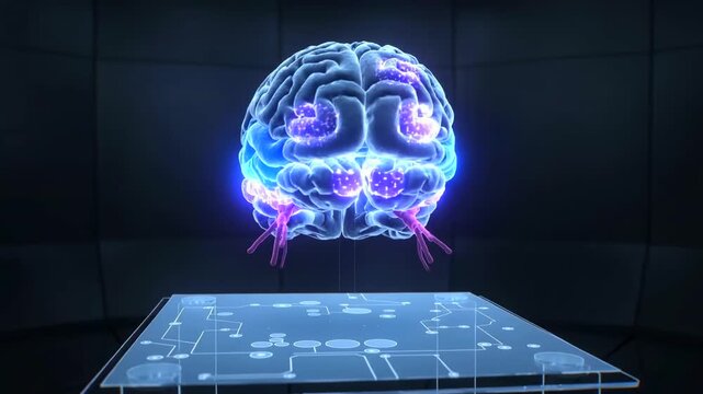 XR interface projecting medium shot of rotating 3D brain above transparent console for neuroscience research, neurology education, brain mapping, cognitive diagnostics, visualization, biotech training