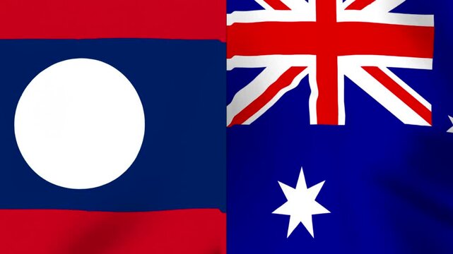 Waving national flags of Laos and Australia joined together in a symbolic international partnership concept