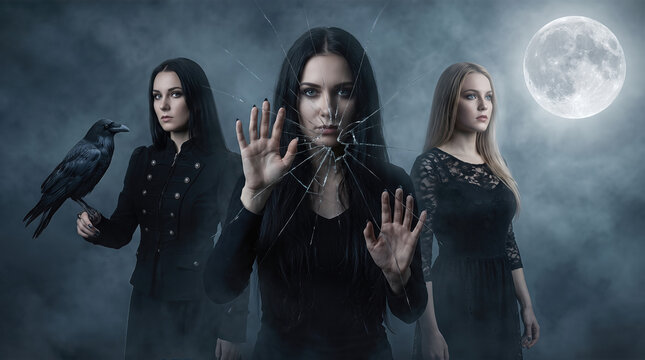 Three mysterious gothic women with a raven and broken glass under full moon
