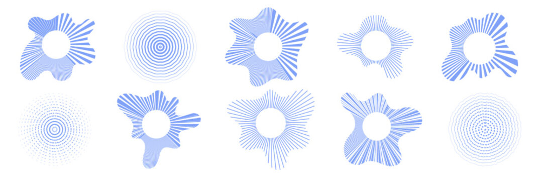 Set of radiate echo patterns. Blue concentric circular and radial shockwave collection.