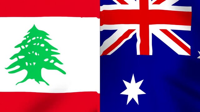 Waving national flags of Lebanon and Australia side by side in a conceptual international partnership design