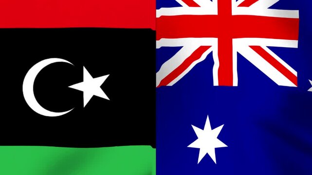 Waving national flags of Libya and Australia side by side representing international diplomacy