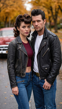 Vintage 1950s Greaser Couple in Leather Jackets Outdoors