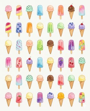 Seamless pattern of colorful ice cream cones and fruit popsicles. Hand painted summer dessert background for packaging, textile, wallpaper, menu, and greeting card design.