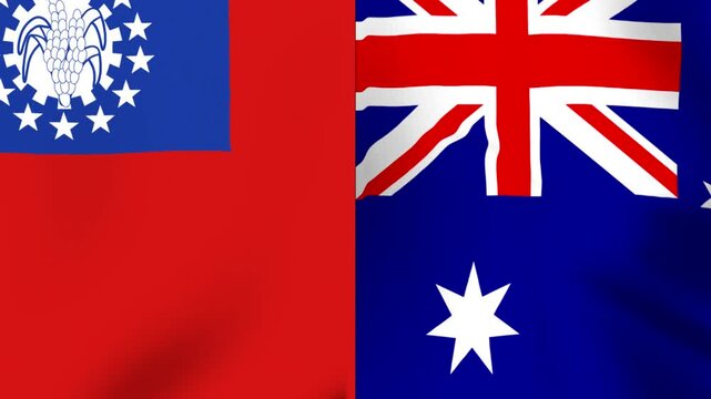 Waving national flags of Myanmar and Australia side by side in a conceptual international relations representation