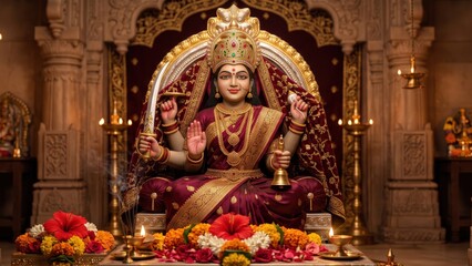 Obraz premium Chamunda Mata — Regal Goddess Idol in Maroon and Gold Temple Sanctum