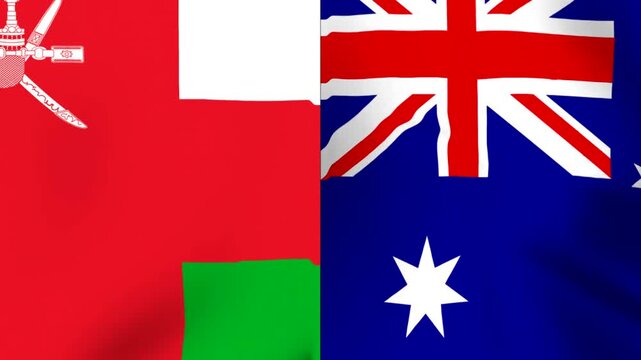 Waving national flags of Oman and Australia side by side in a split screen composition