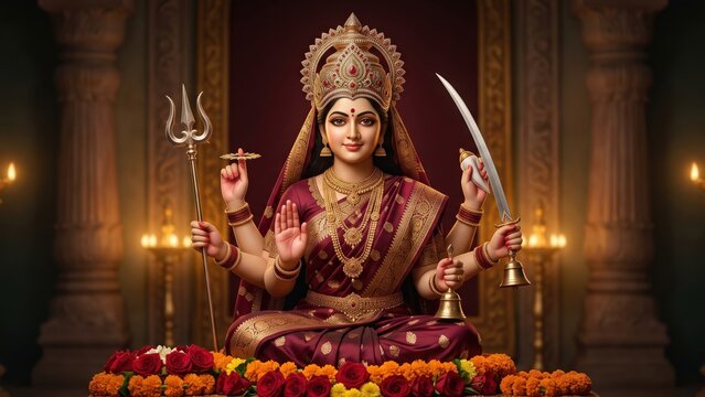 Chamunda Mata &mdash; Regal Goddess Idol in Maroon and Gold Temple Sanctum
